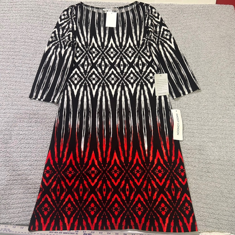 Maggy London Sheath Dress Ikat Ombre 6 Black Red Geometric Modern Chic Cocktail